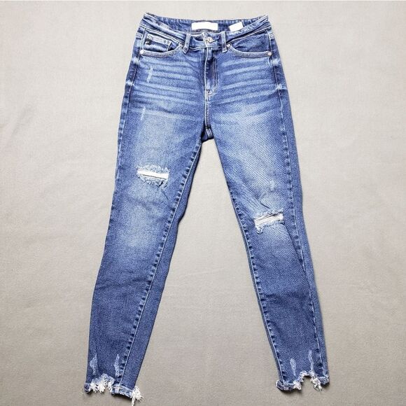Kancan High Rise Distressed Hem Skinny Blue Jeans Weekday Blues High Rise Skinny - Picture 1 of 13